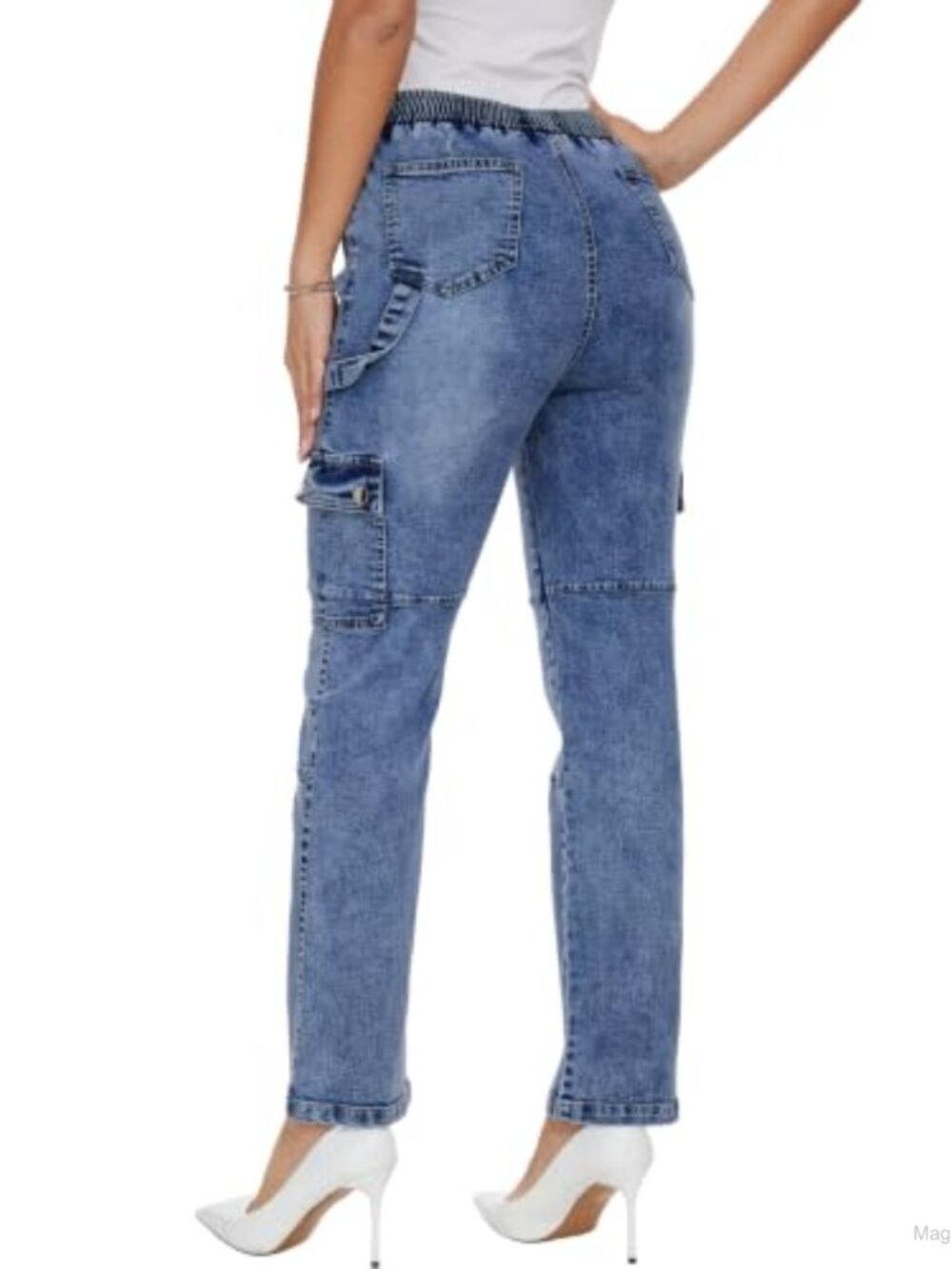 Womens High Waisted Straight Leg Cargo Jeans Stretch Cotton Casual Pants